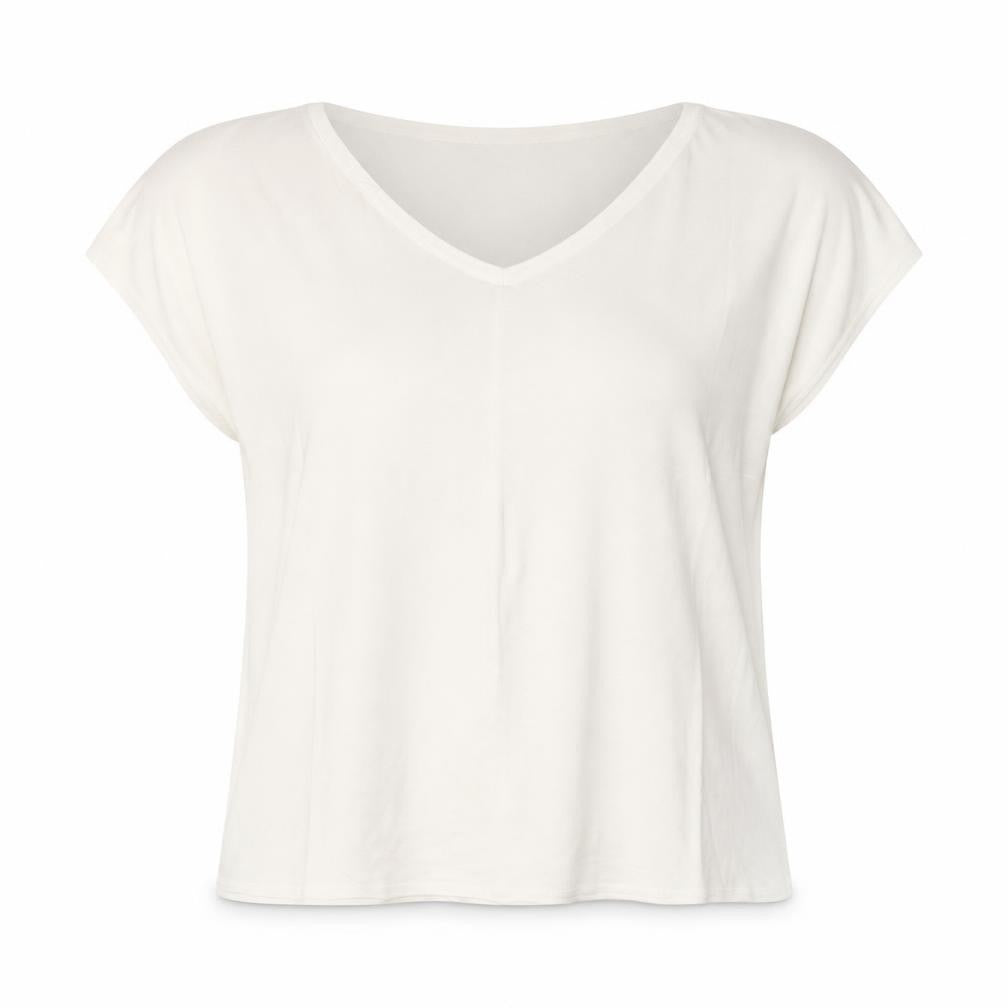 Front view of Anne Kanner women’s ivory viscose basic blouse, size L, v-neck