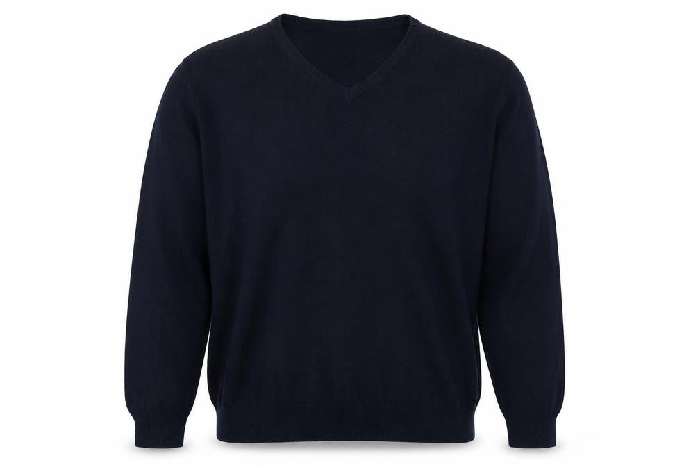 Front view of Finest Made men’s blue v-neck acrylic jumper, size 2XL