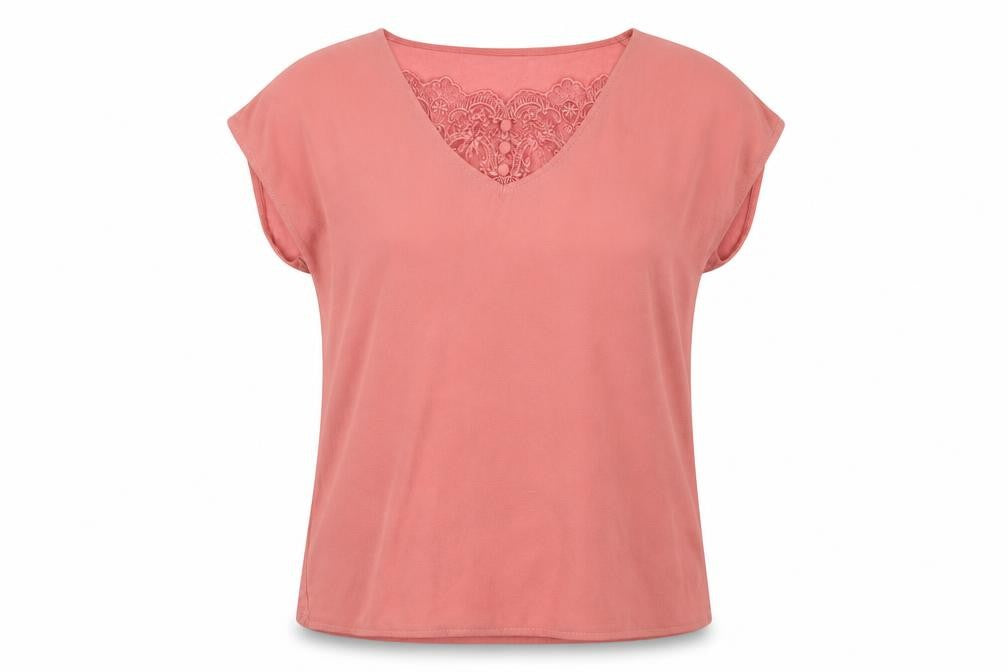 Front view of NafNAf women’s pink viscose basic blouse, size M, scoop neck