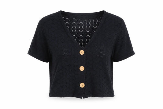 Front view of ASOS women’s black v-neck cotton cardigan jumper, size UK 8