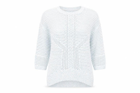 Front view of Warehouse women’s blue round neck acrylic jumper, size UK 12