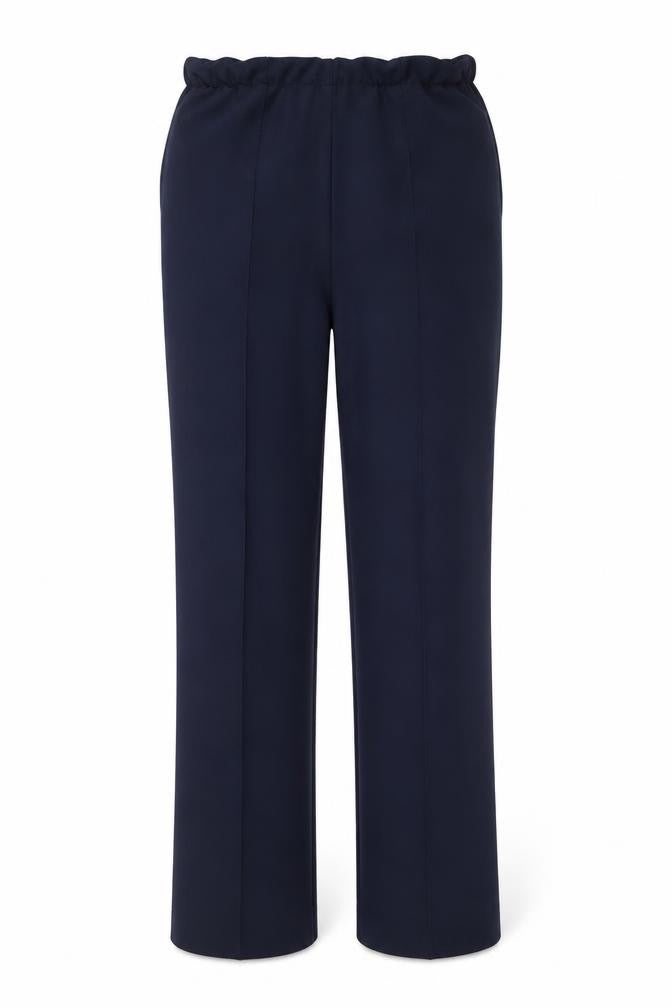Front view of Bonmarché women’s blue polyester trousers, size UK 10, 27-inch leg regular