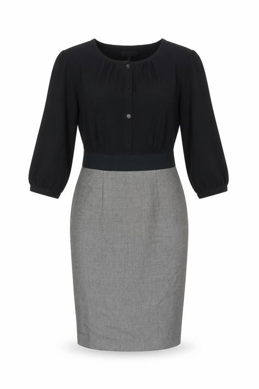 Front view of Next women’s multicoloured colourblock polyester pencil dress, size UK 8, round neck