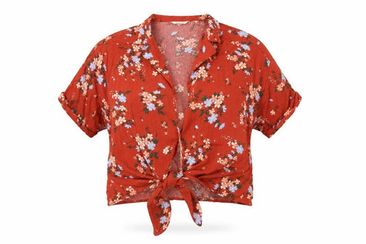 Front view of Springfield women’s red floral viscose basic button-up, size UK 12, collared