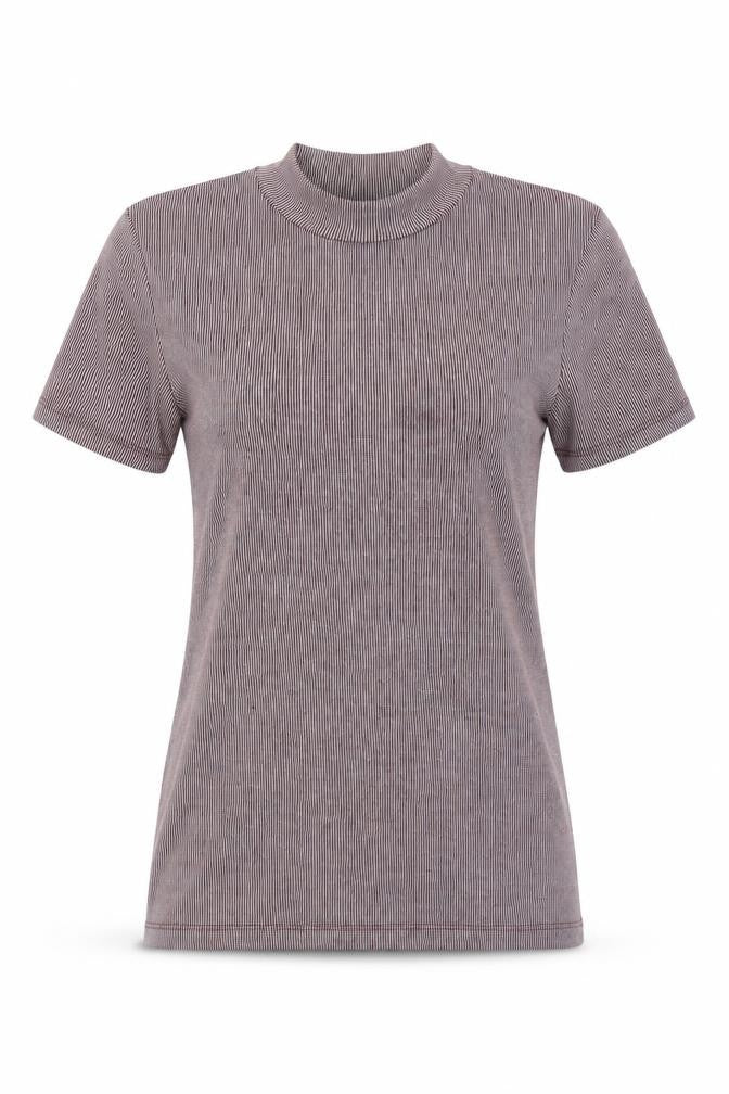 Front view of Zara women’s red striped basic t-shirt, size S, mock neck