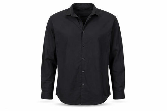 Front view of Primark men’s black polyester button-up, size 16, collared