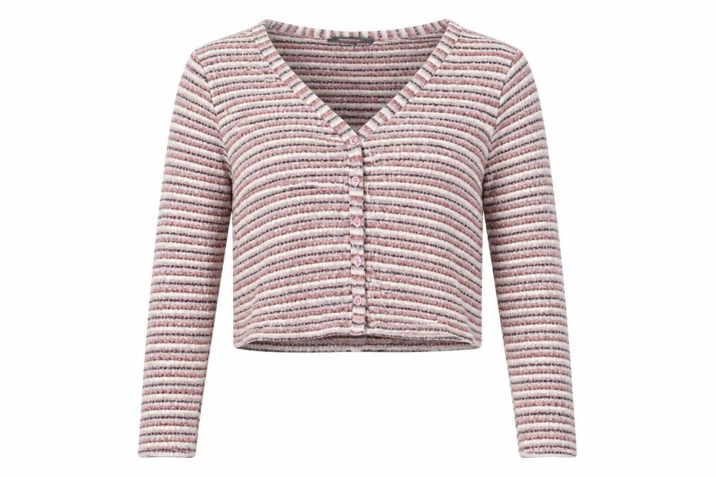 Front view of Primark women’s multicoloured v-neck striped polyester cardigan jumper, size UK 14