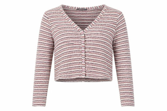 Front view of Primark women’s multicoloured v-neck striped polyester cardigan jumper, size UK 14