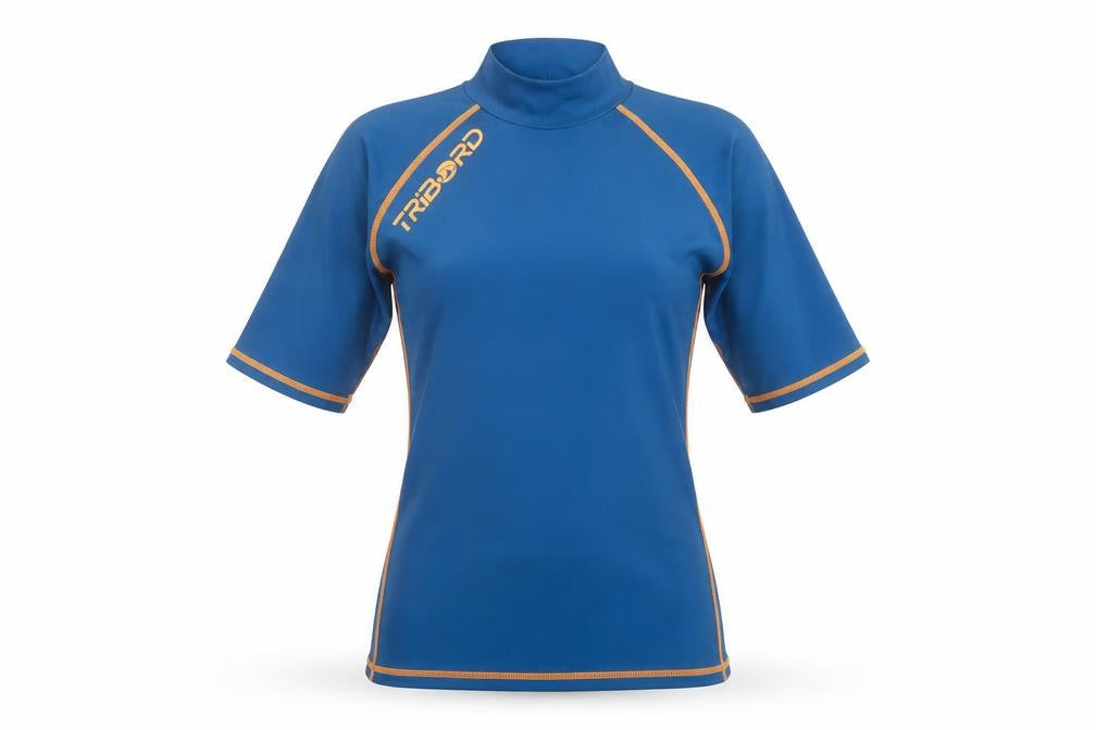 Front view of Decathlon women’s blue polyimide basic t-shirt, size XS, round neck