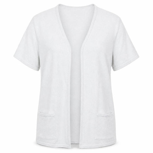 Front view of Michelle Hope women’s blue v-neck viscose cardigan jumper, size UK 10, - all over shimmer very pale blue