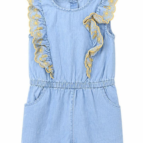 Matalan Girls Blue Floral Cotton Shorts One-Piece Size 2-3 Years   - Ruffle with yellow embroidery
