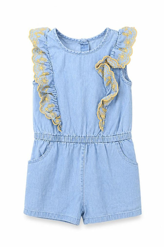Matalan Girls Blue Floral Cotton Shorts One-Piece Size 2-3 Years   - Ruffle with yellow embroidery