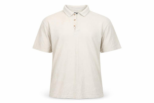 Front view of Originals men’s beige polyester polo, size M, collared - light beige