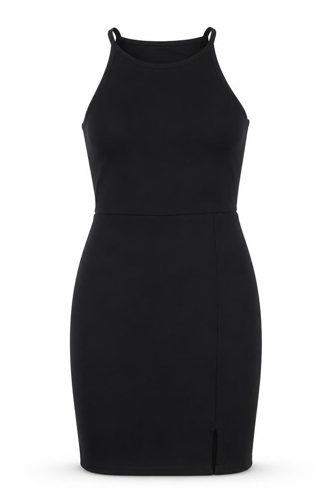 Front view of Missguided women’s black polyester bodycon, size UK 12, square neck