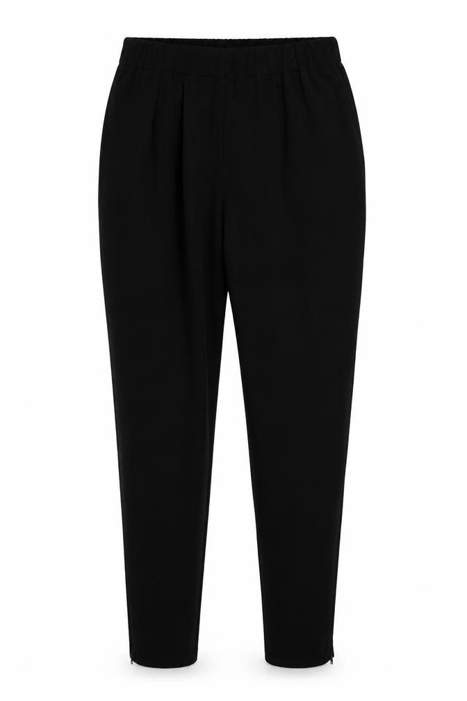 Front view of H&M women’s black polyester trousers, size UK 10, 28-inch leg regular