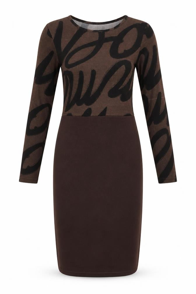 Front view of Indulgence women’s brown geometric polyester bodycon, size S, crew neck