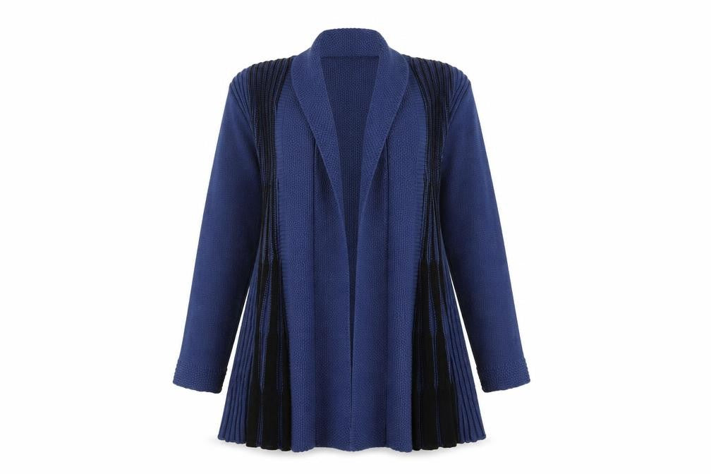 Front view of Glimpse Design women’s blue overcoat coatigan, size S