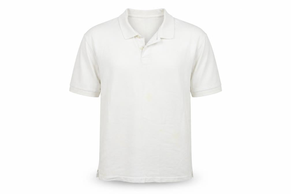 Front view of Preworn men’s white cotton polo, size XL, collared