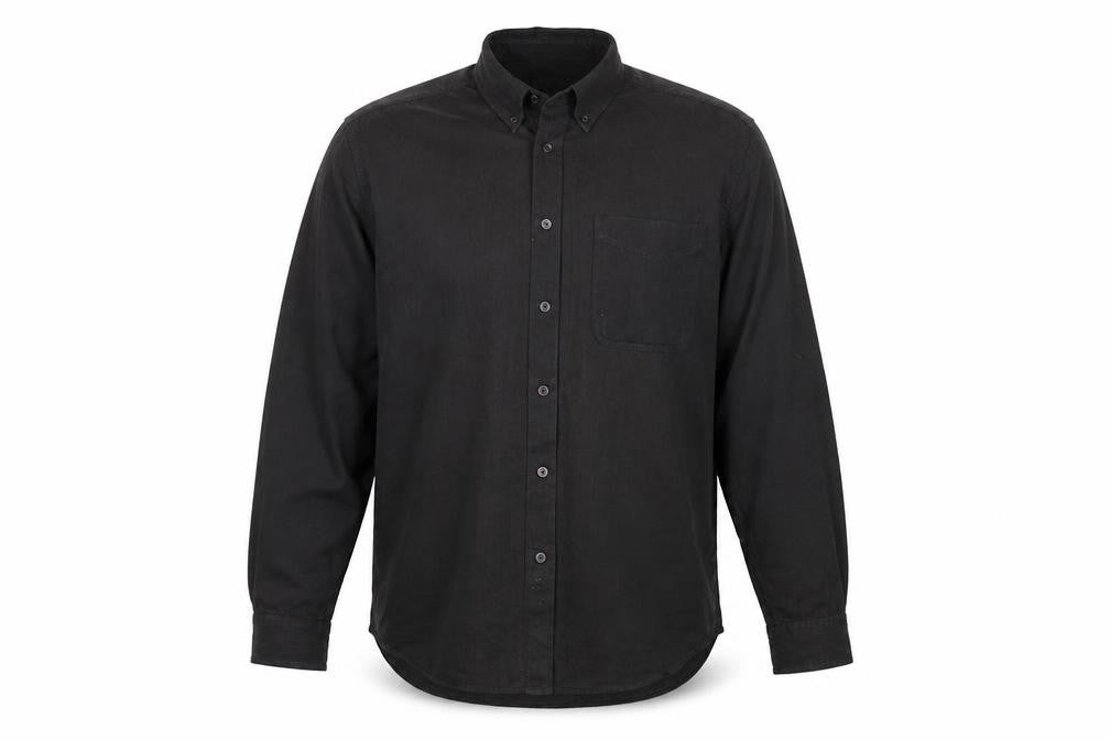 Front view of Originals men’s brown polyester button-up, size L, collared
