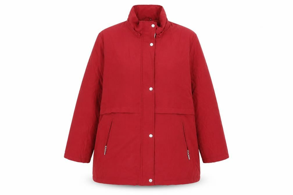 Front view of Damart women’s red pea coat coat, size XL