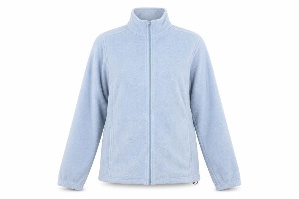 Front view of Hawkshead women’s blue round neck polyester full zip jumper, size S