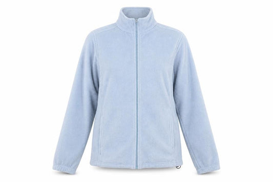 Front view of Hawkshead women’s blue round neck polyester full zip jumper, size S