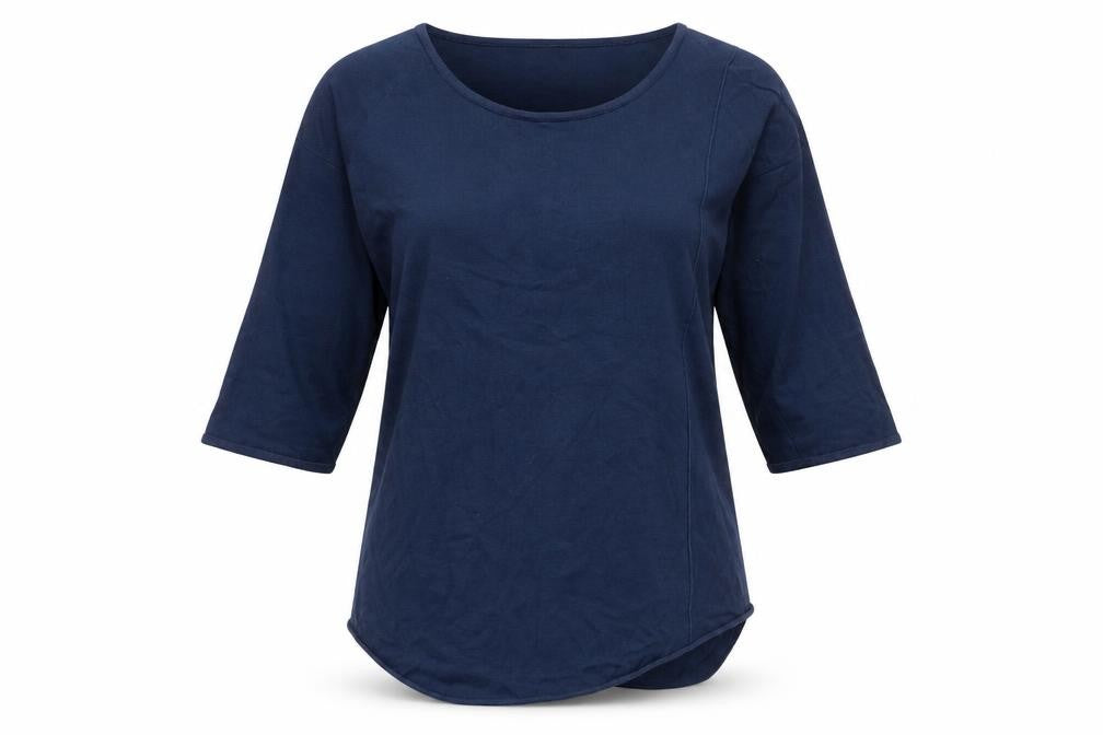 Front view of soft B women’s blue acrylic basic t-shirt, size M, round neck