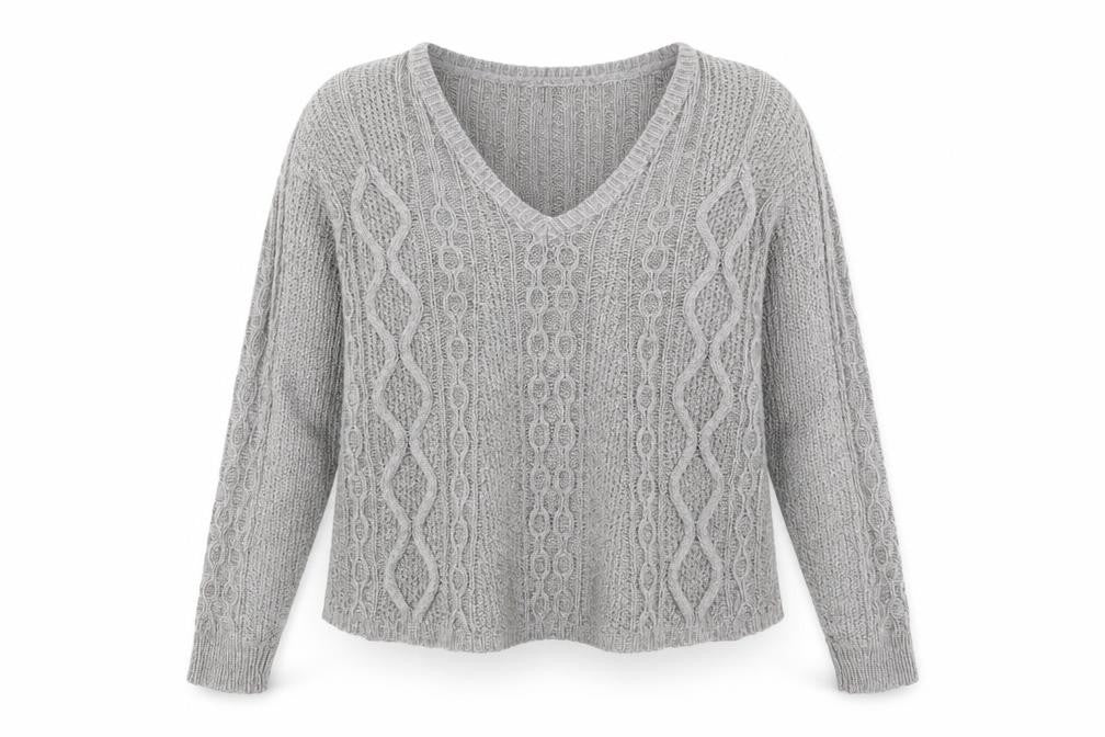 Front view of Next women’s grey round neck acrylic jumper, size M