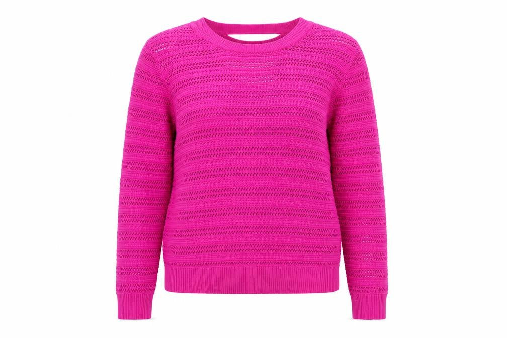 Front view of Warehouse women’s purple round neck acrylic jumper, size UK 10