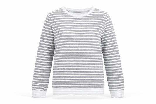 Front view of Atmosphere women’s grey round neck striped polyester jumper, size UK 6