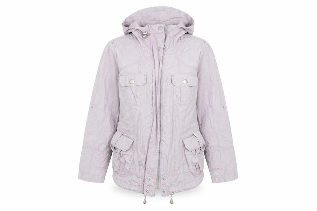 Front view of New Look women’s purple parka coat, size UK 12