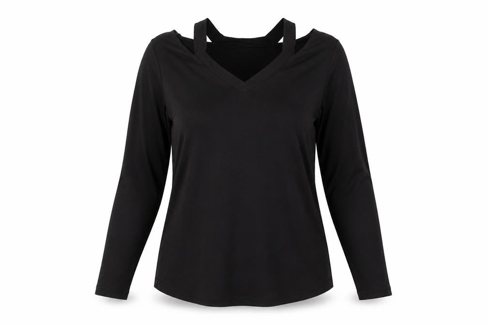 Front view of Preworn women’s black cotton basic blouse, size XL, v-neck