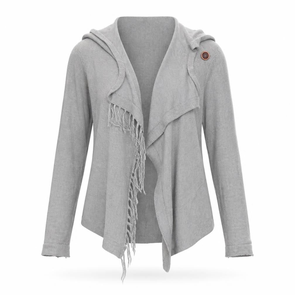Front view of Object women’s grey collared acrylic cardigan jumper, size M