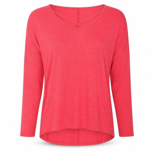 Front view of Papaya women’s pink scoop neck polyester jumper, size UK 12