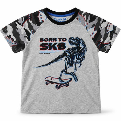 Matalan Boys Grey Camouflage Cotton Basic T-Shirt Size 7 Years Crew Neck  - Dino