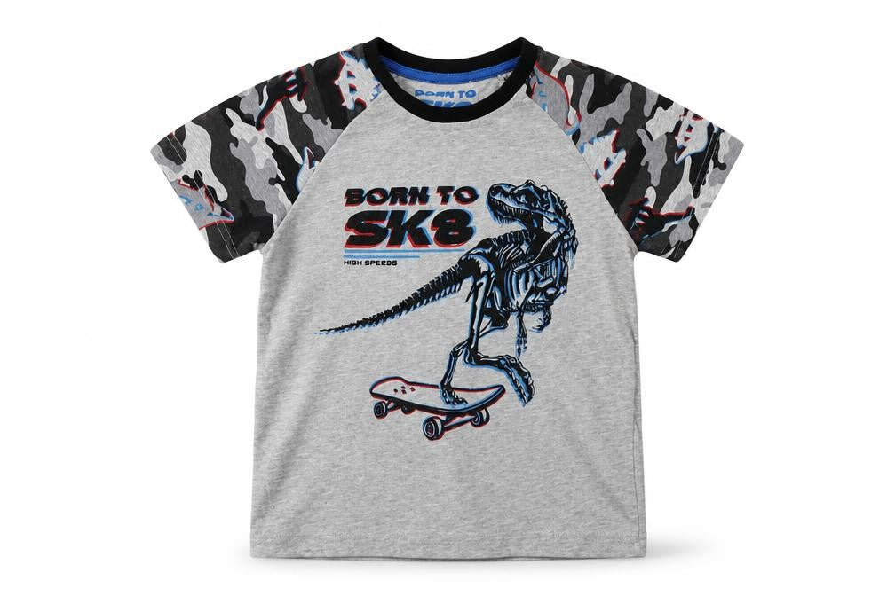 Matalan Boys Grey Camouflage Cotton Basic T-Shirt Size 7 Years Crew Neck  - Dino
