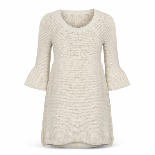 Front view of Topshop women’s beige acrylic basic t-shirt, size UK 8, scoop neck
