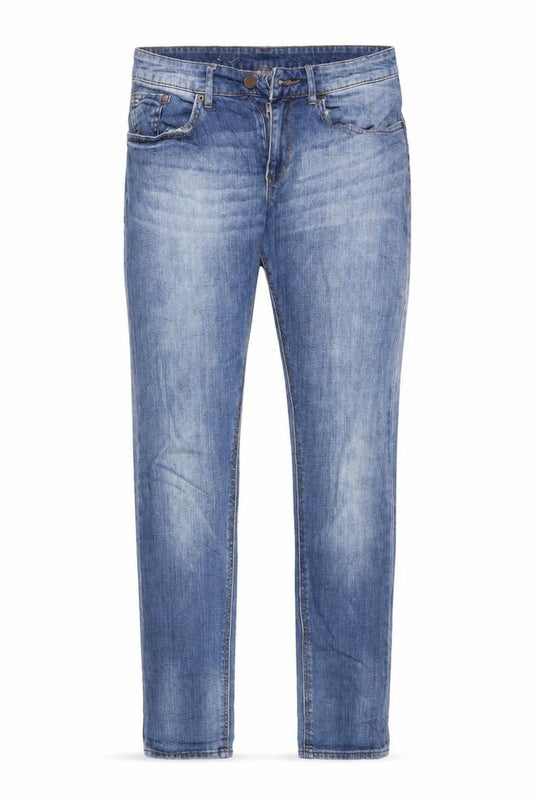 Front view of H&M women’s blue cotton boyfriend jeans, size UK 25, 32-inch leg regular