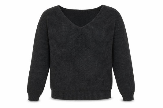 Front view of Boohoo women’s grey v-neck acrylic jumper, size L