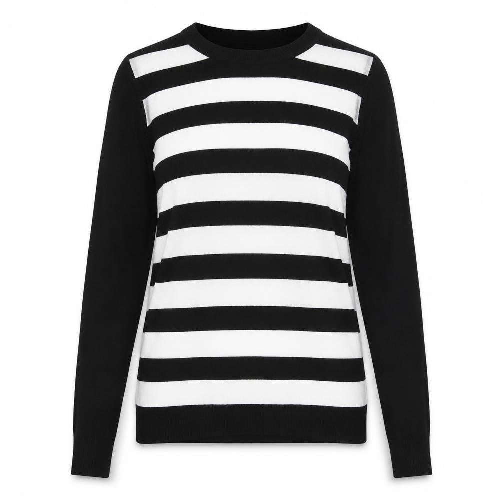Front view of Warehouse women’s multicoloured round neck striped viscose jumper, size UK 10
