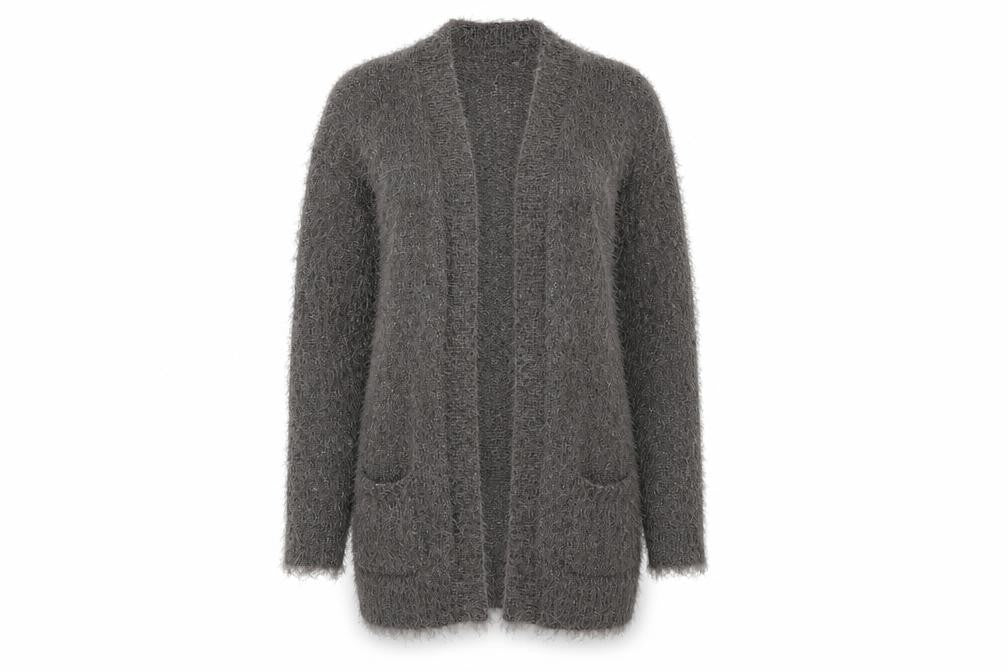 Front view of Next women’s grey v-neck polyester cardigan jumper, size XS, - subtle shimmer effect