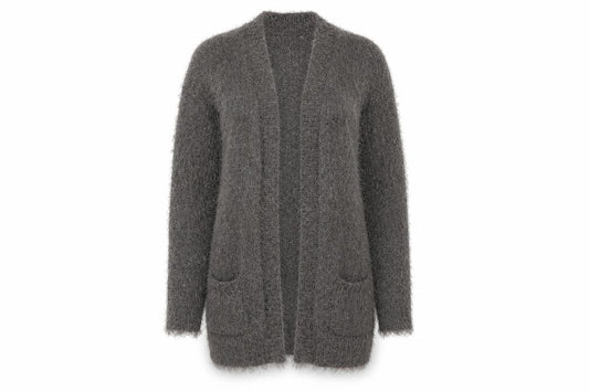 Front view of Next women’s grey v-neck polyester cardigan jumper, size XS, - subtle shimmer effect