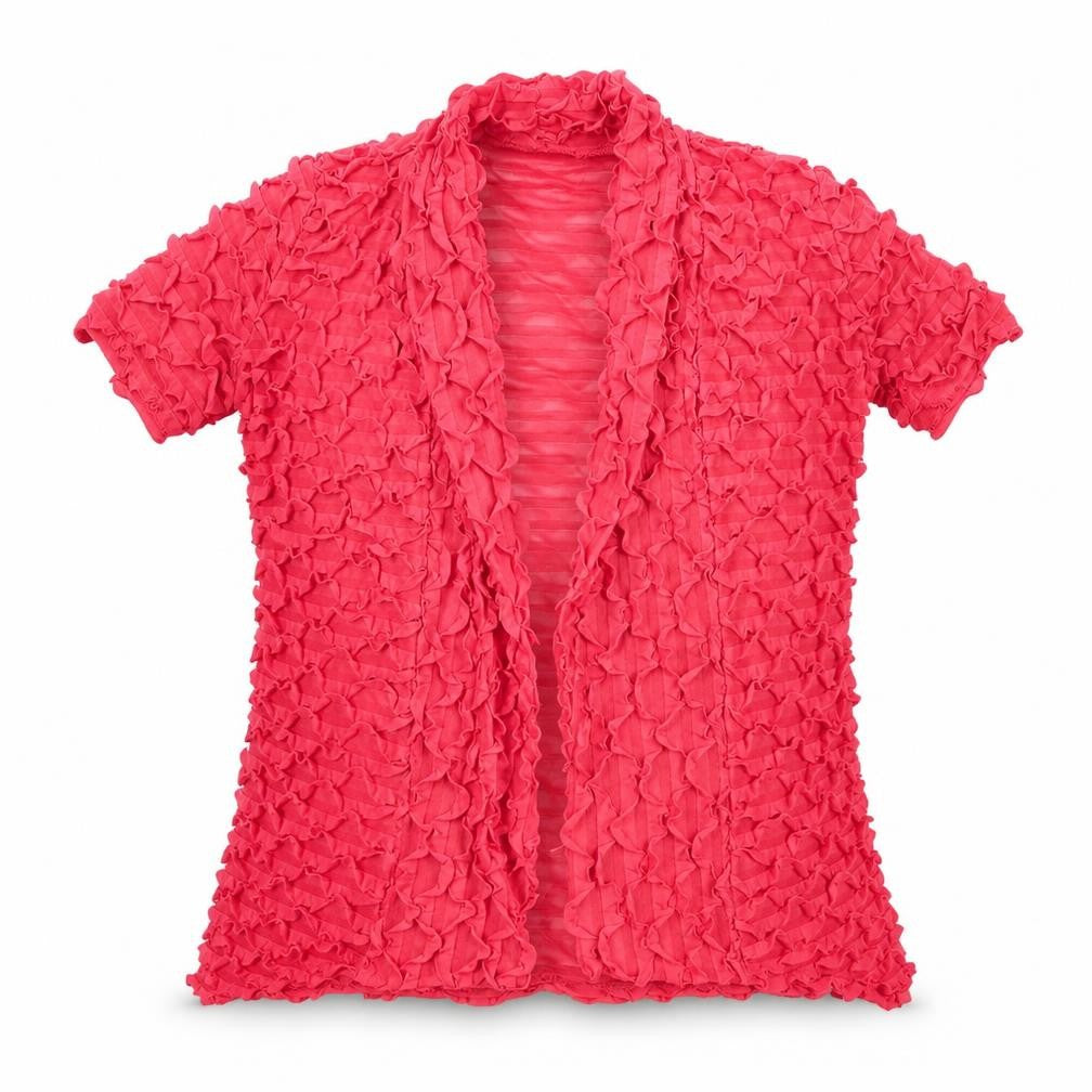 Front view of Rank Lyman women’s orange jacket, size UK 10, - ruffled stripes