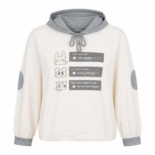 Unbl Womens Ivory Animal Print  Pullover Hoodie Size M   - I am a Rabbit I like Radish! Fabric Hood Cuffs Elbow pads