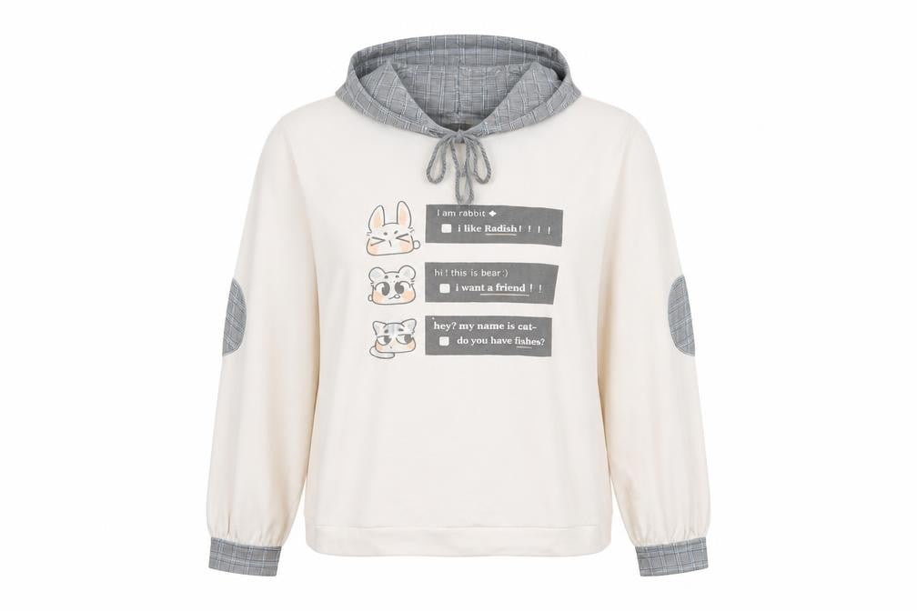 Unbl Womens Ivory Animal Print  Pullover Hoodie Size M   - I am a Rabbit I like Radish! Fabric Hood Cuffs Elbow pads