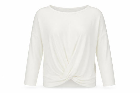 Front view of F&F women’s ivory round neck polyester jumper, size UK 12, - twisted hem detail