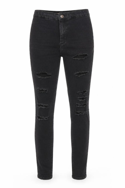 Front view of Topshop women’s black cotton skinny jeans, size UK 26, in, 26-inch leg regular