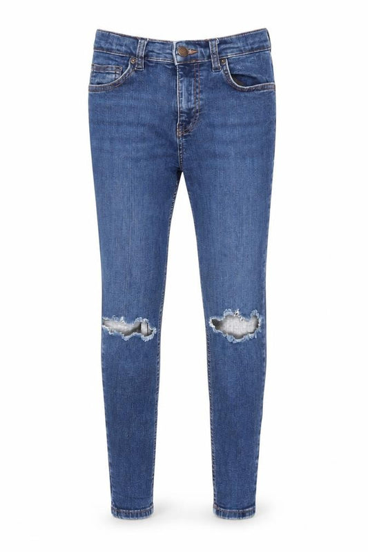 Front view of Topshop women’s blue cotton skinny jeans, size UK 26, in, 24-inch leg regular - cropped