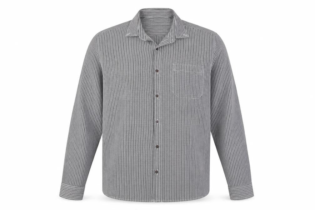 Front view of Atlantic Bay men’s grey striped polyester button-up, size L, collared