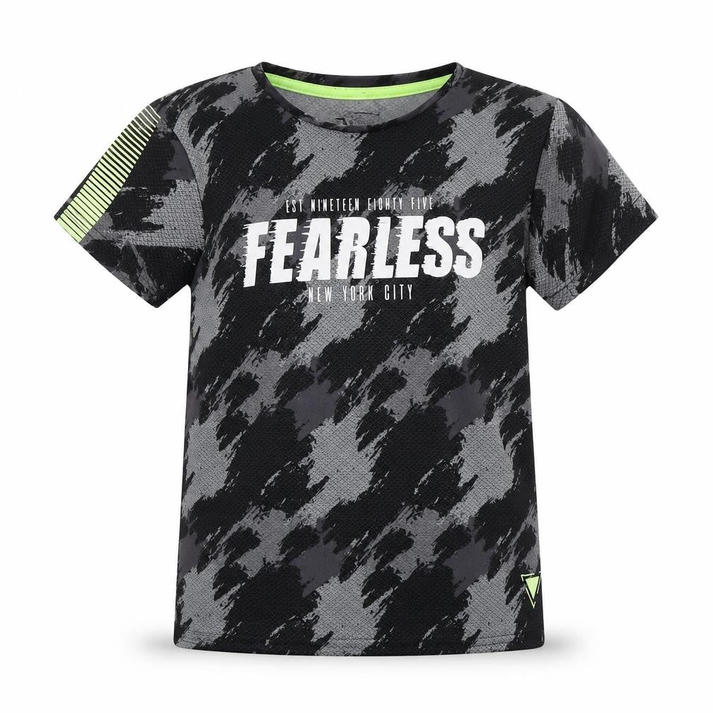 Front view of Matalan boys’ grey camouflage polyester basic t-shirt, size 9, years round neck